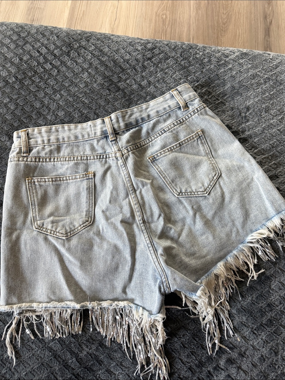 High-Waist Light Blue Denim Fringe Shorts with Pearl Accents - Picture 2 of 5